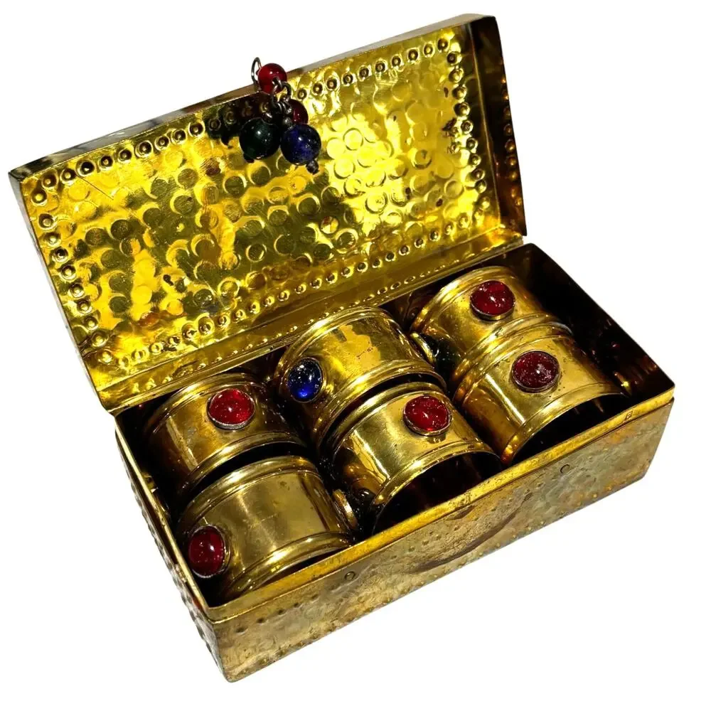 Vintage Brass napkin rings holders in hinged lid storage box gem tone beads
